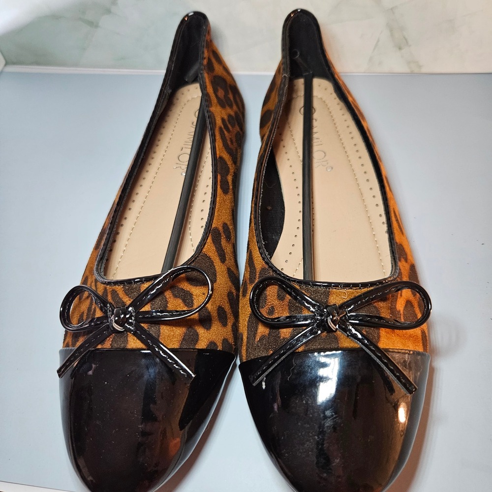 Samilor Leopard Print Ballet Flats Black Cap Toe Bow Accent Size 8 - Picture 3 of 6